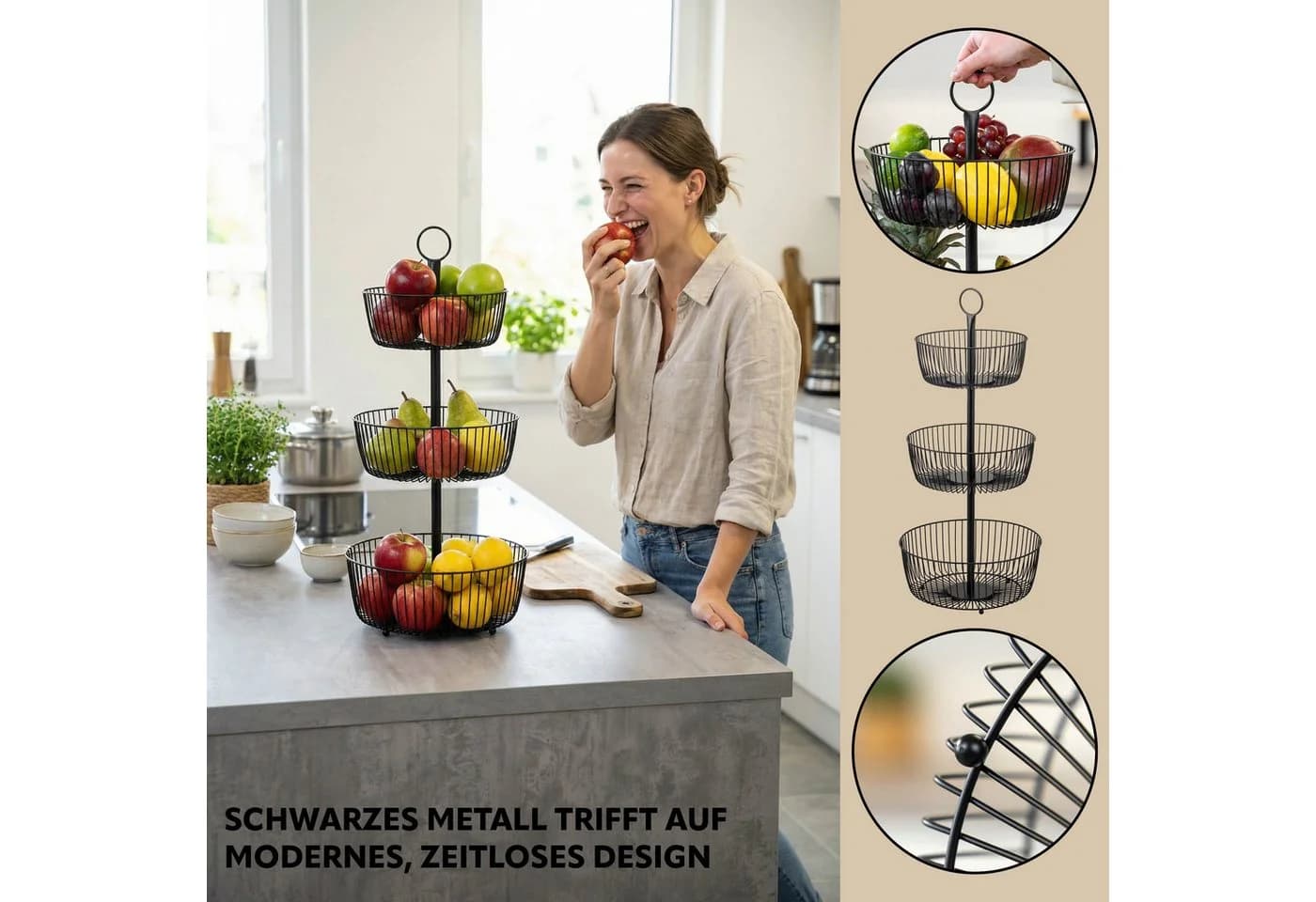 eluno 3-stöckige Obstschale rund schwarz Metall - Bild 4