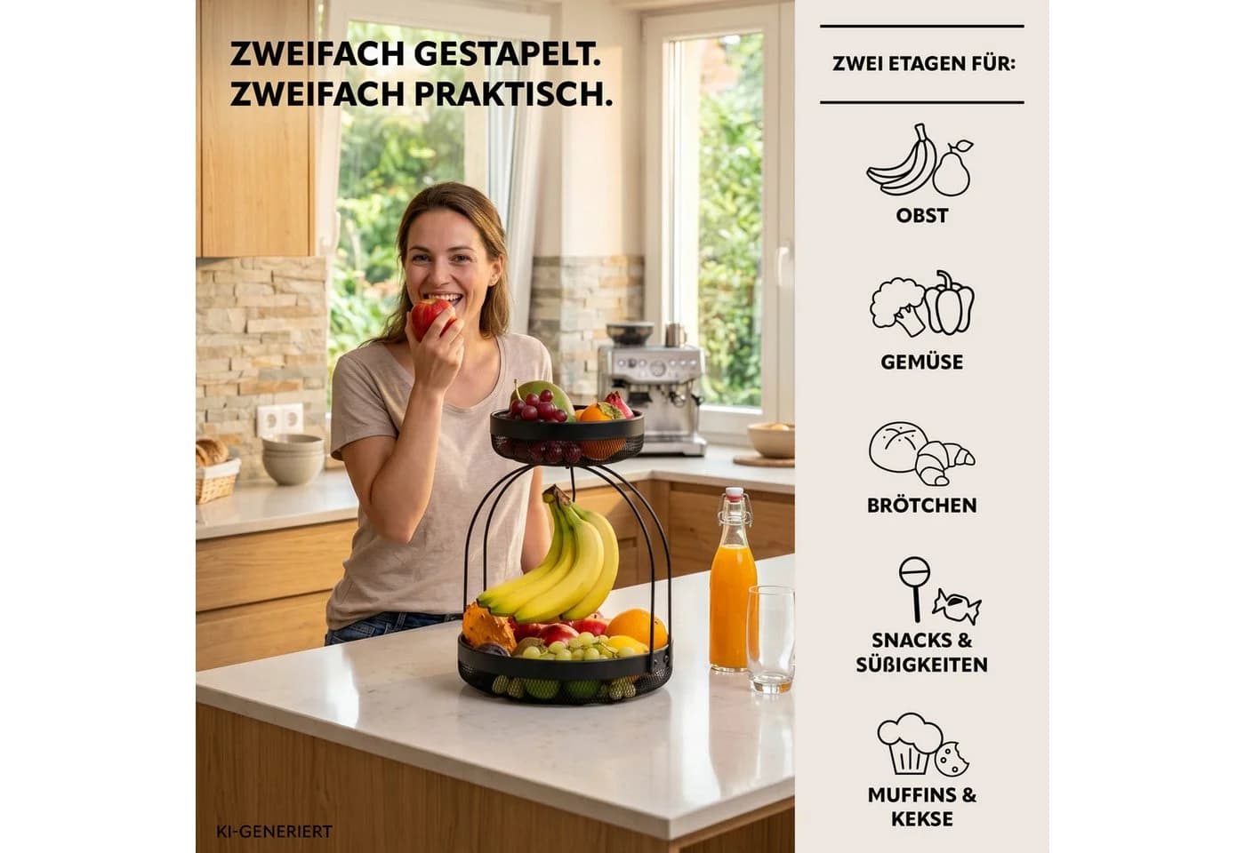 eluno Obstschale 2-stöckige Etagere Metall Schwarz mit Bananenhalterung