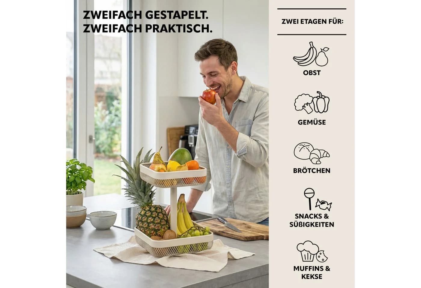 eluno 2-stöckige Obstschale eckig Metall Beige