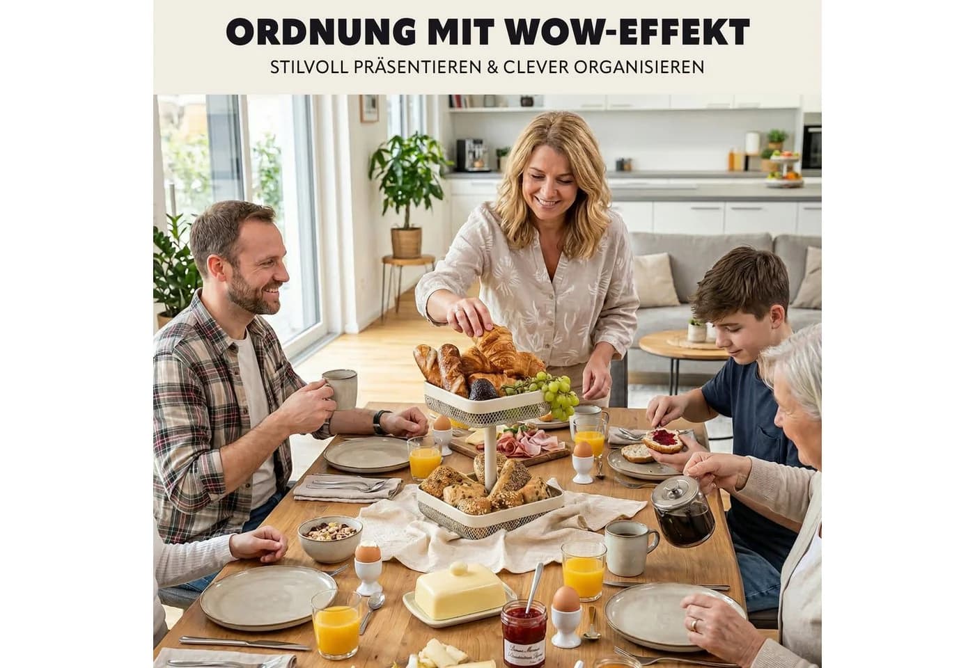 eluno 2-stöckige Obstschale eckig Metall Beige - Bild 5