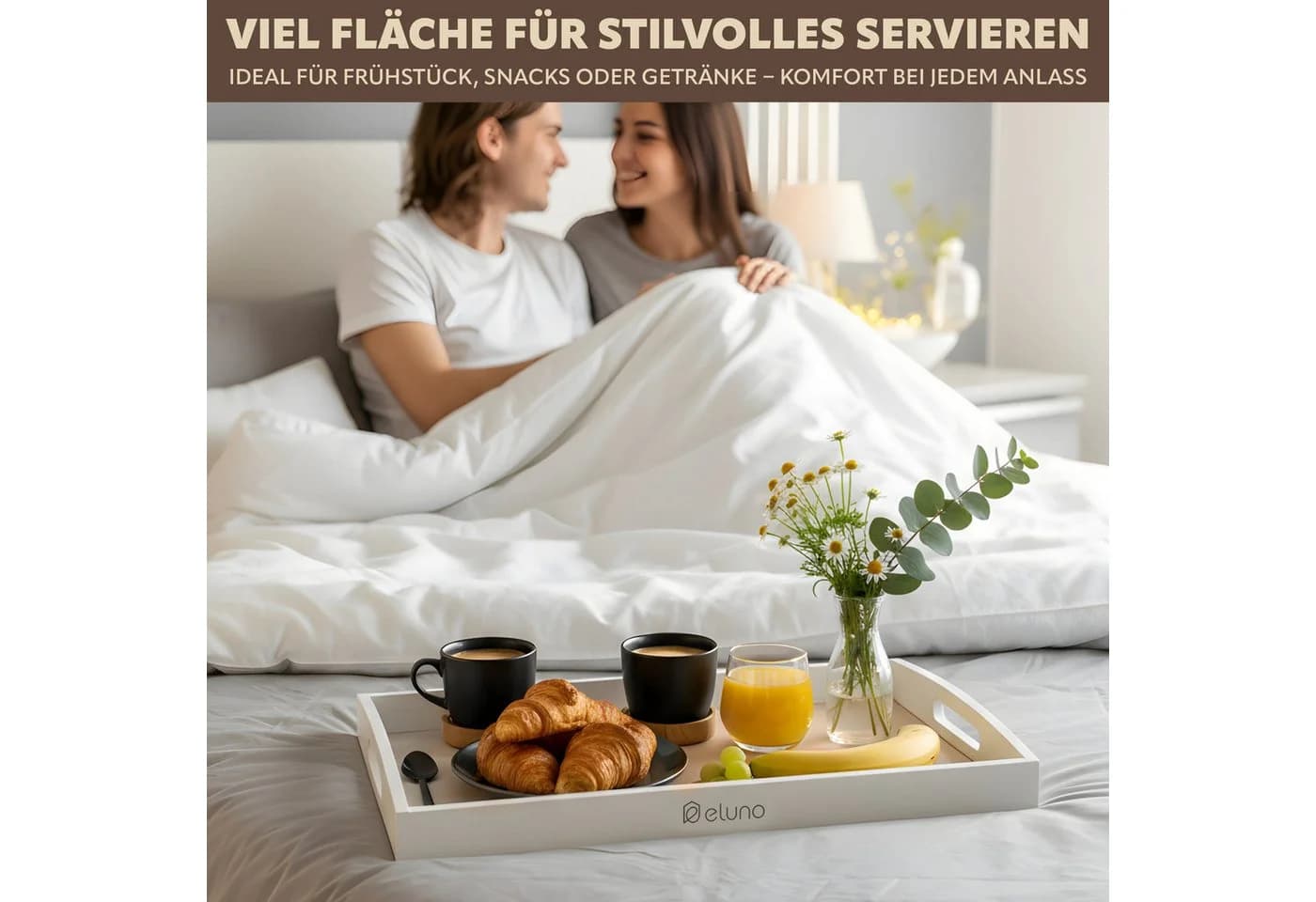 eluno Bambus Tablett mit Griffmulden und Anti-Rutsch-Einleger weiß