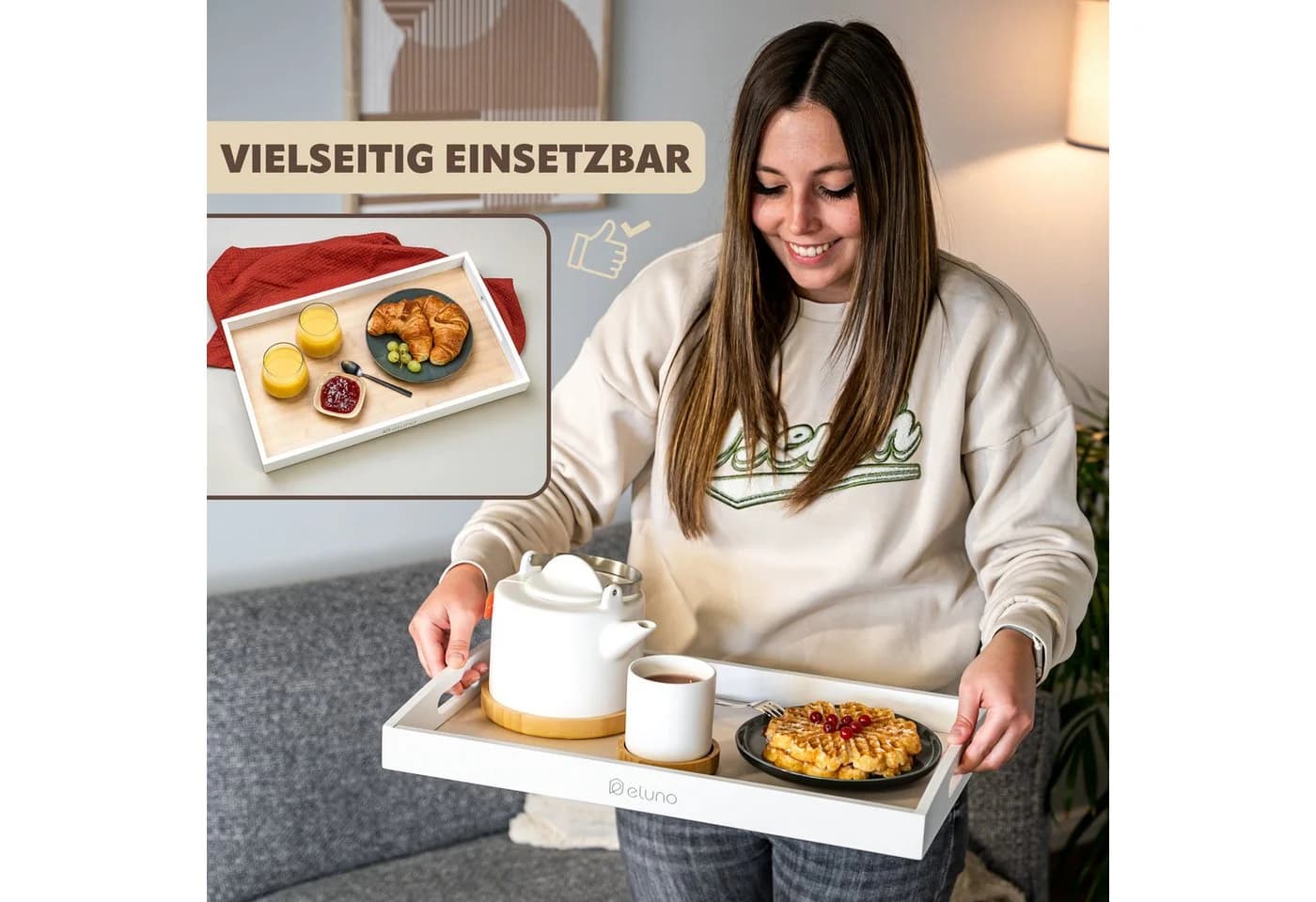 eluno Bambus Tablett mit Griffmulden und Anti-Rutsch-Einleger weiß - Bild 3