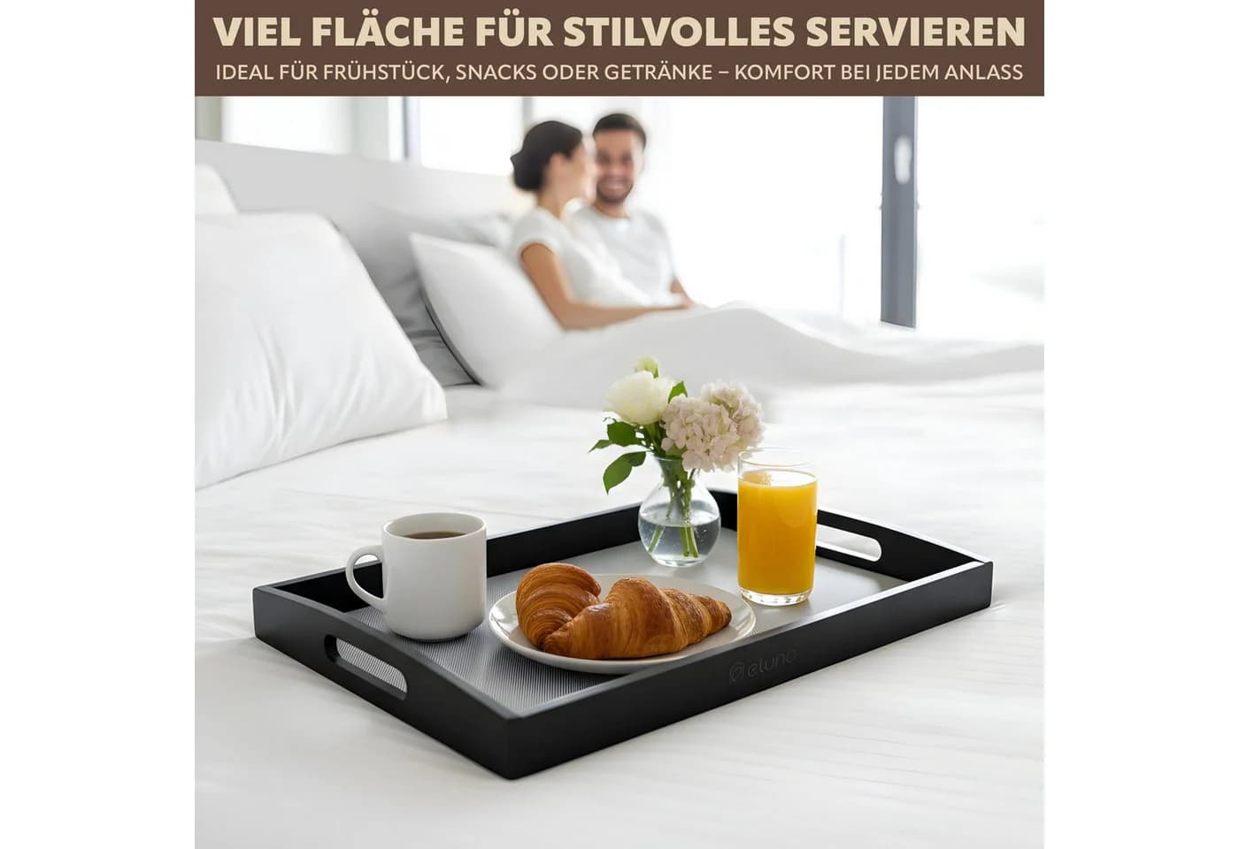 eluno Bambus Tablett Schwarz mit Griffmulden und Anti-Rutsch-Einleger