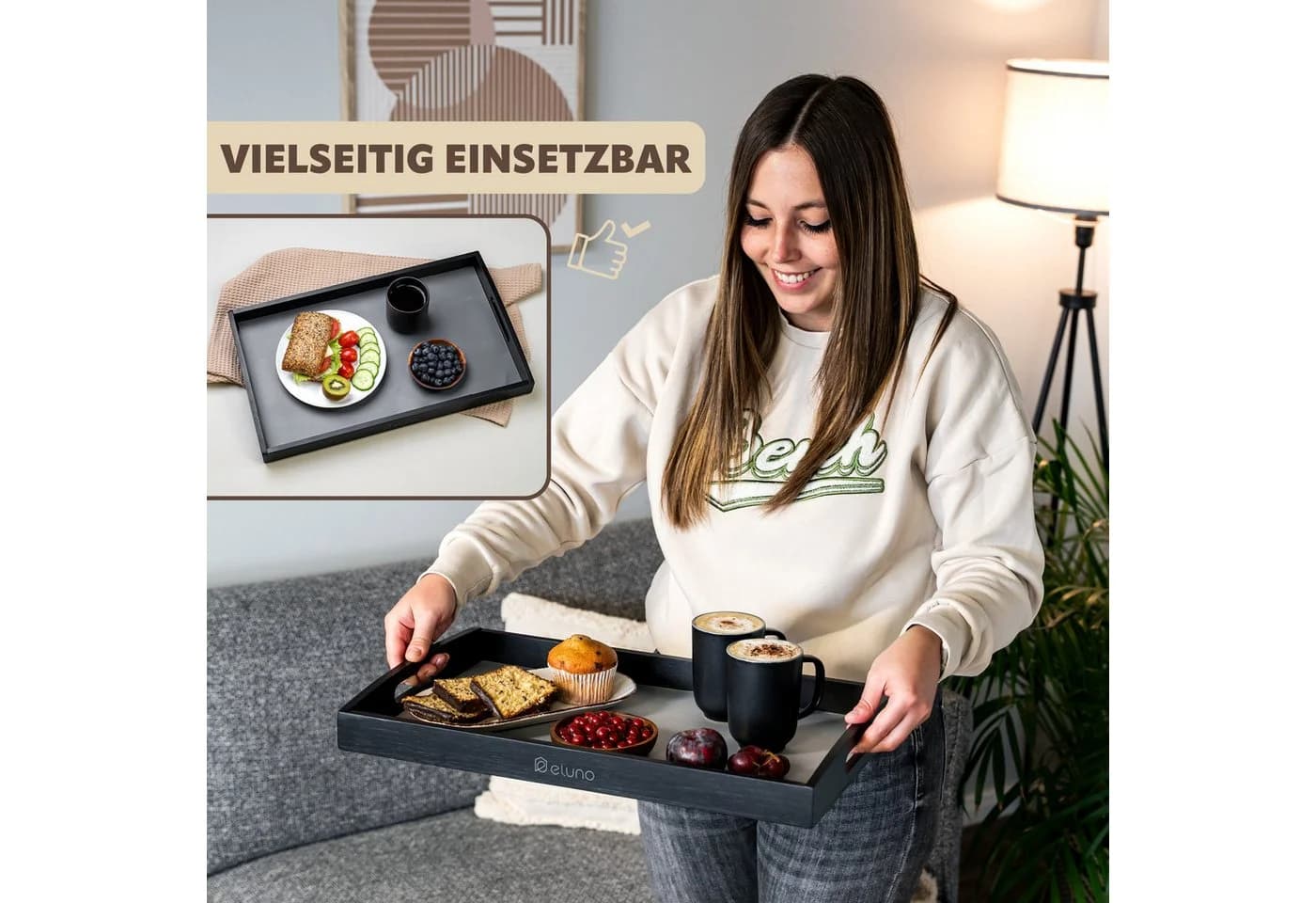 eluno Bambus Tablett Schwarz mit Griffmulden und Anti-Rutsch-Einleger - Bild 3