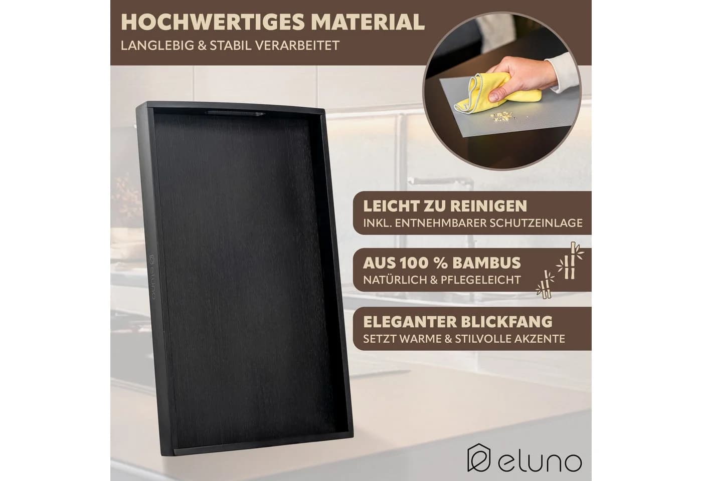 eluno Bambus Tablett Schwarz mit Griffmulden und Anti-Rutsch-Einleger - Bild 4