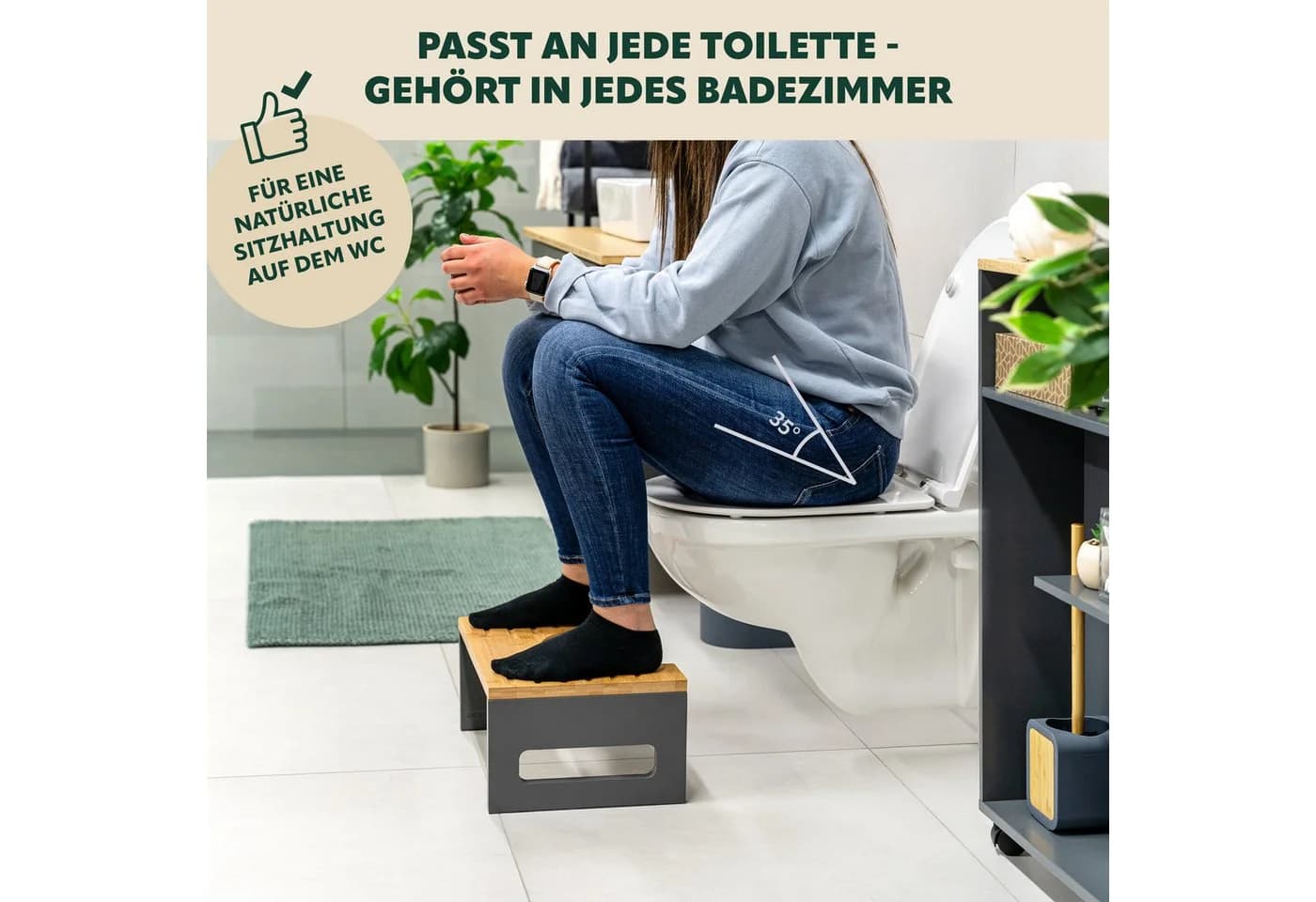 eluno Fußhocker Toilettenhocker Bambus Grau Zusammenklappbar