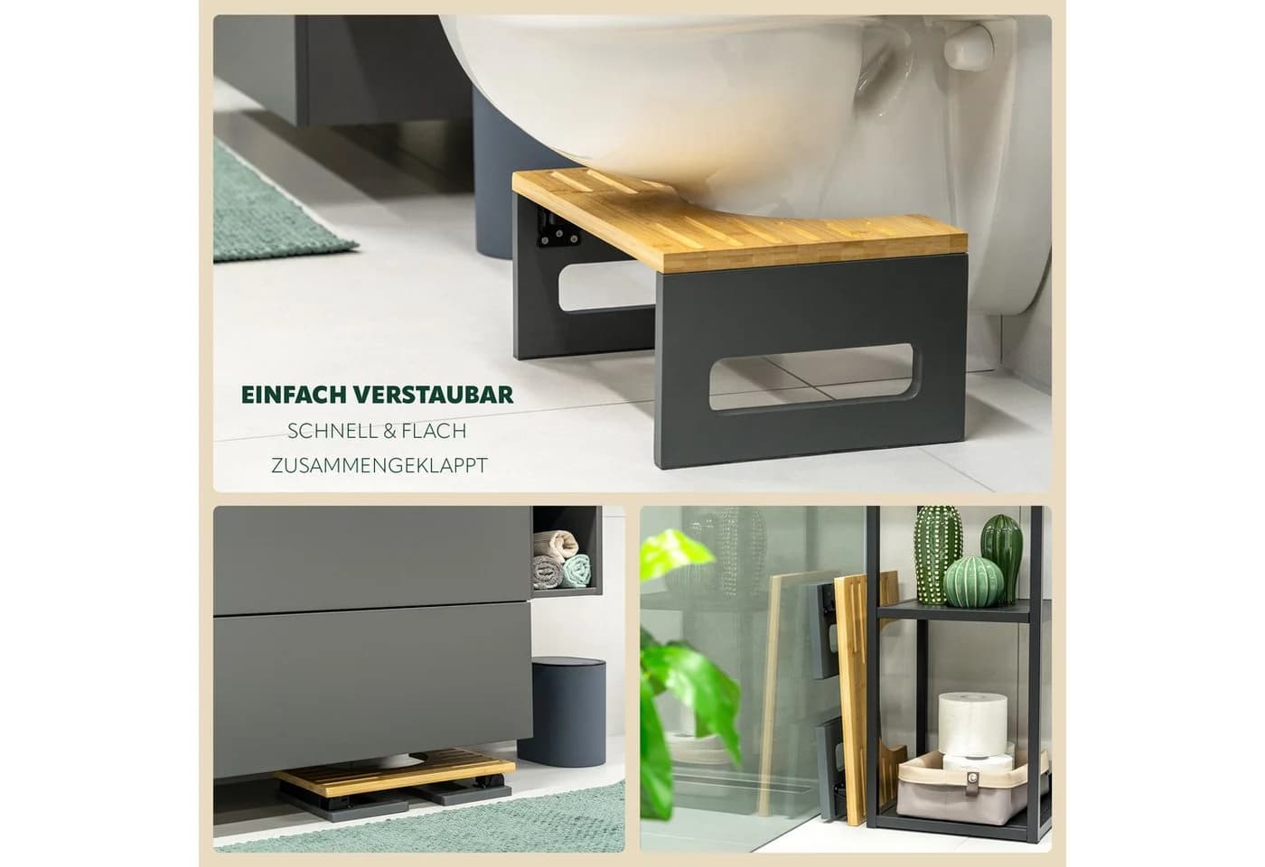 eluno Fußhocker Toilettenhocker Bambus Grau Zusammenklappbar - Bild 5