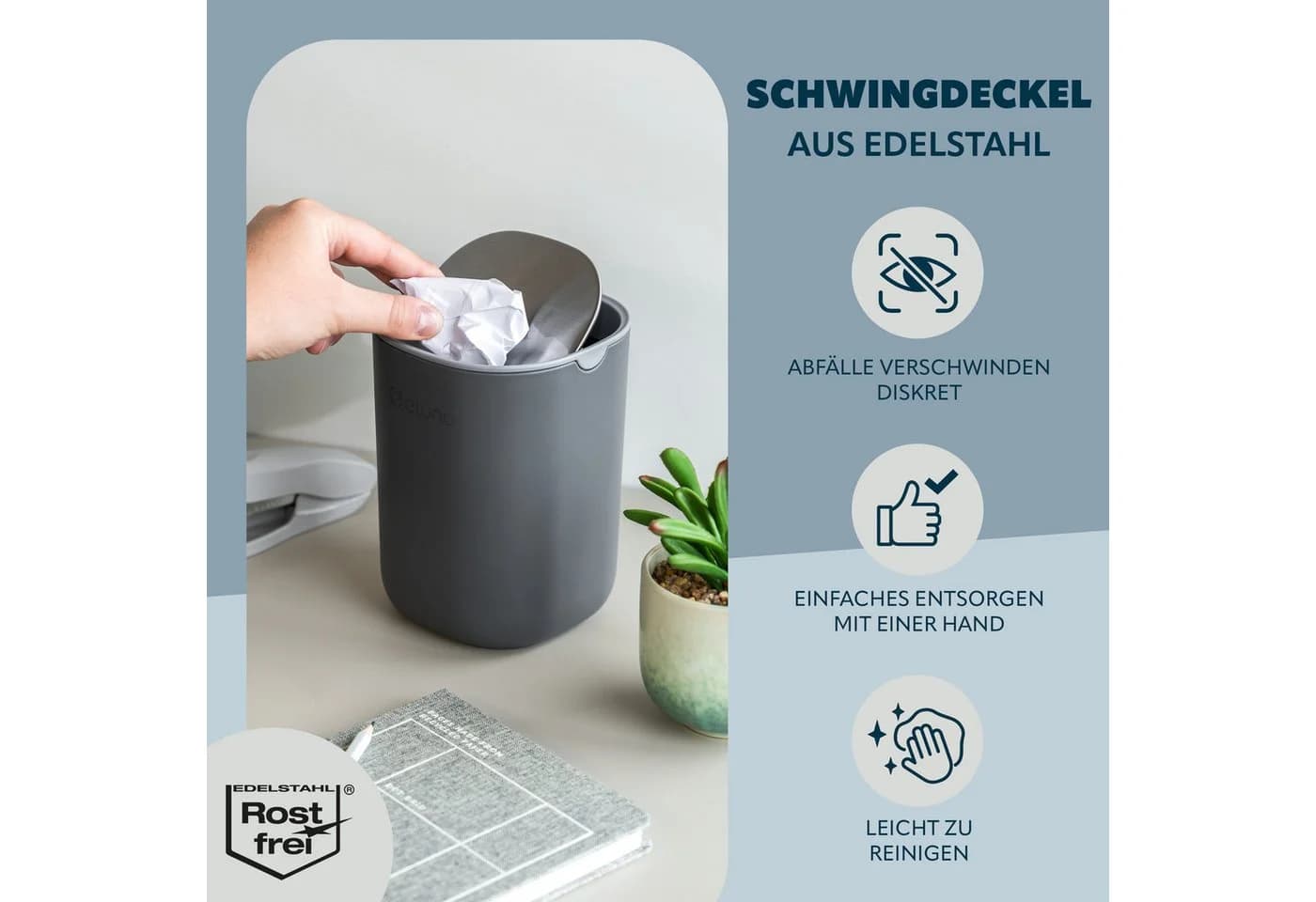 eluno Kosmetikeimer EDOLO mit Schwingdeckel 1,5 Liter Grau/Edelstahl - Bild 3