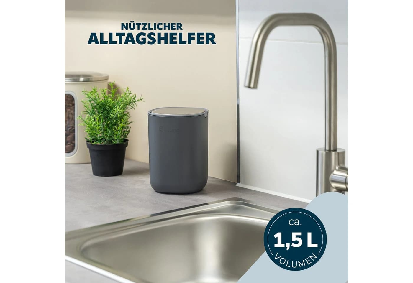 eluno Kosmetikeimer EDOLO mit Schwingdeckel 1,5 Liter Grau/Edelstahl - Bild 4