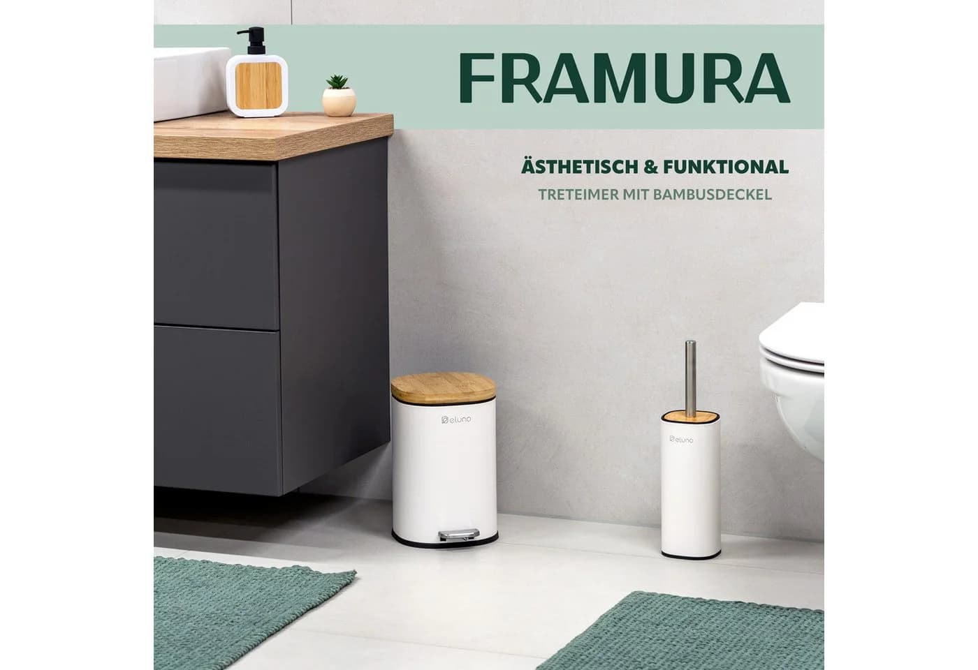eluno Kosmetikeimer FRAMURA 5L Weiß Metall Bambus Soft-Close