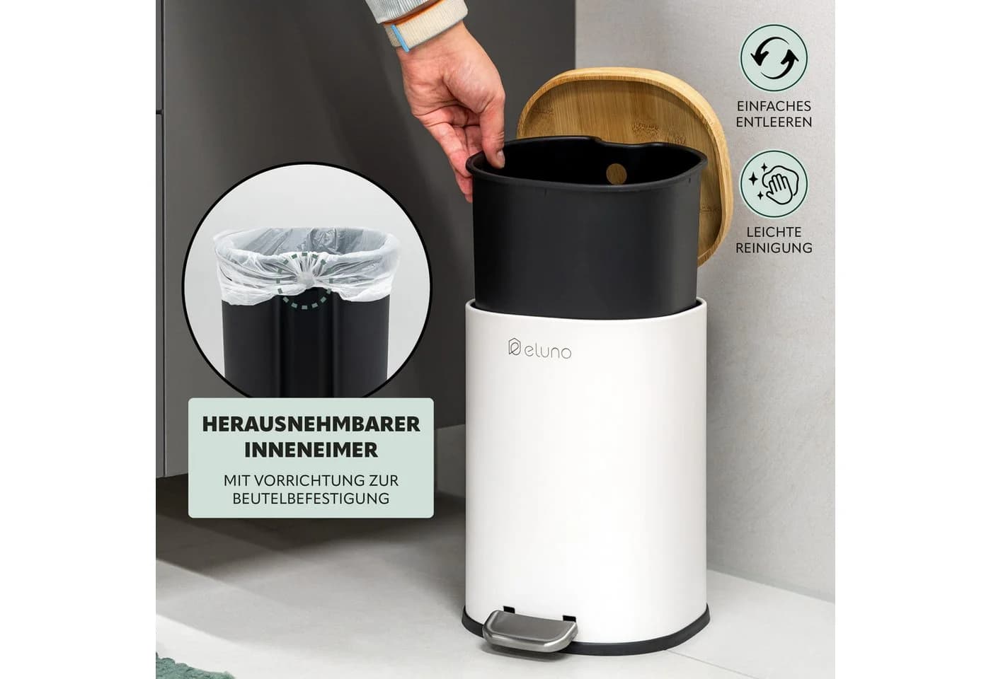 eluno Kosmetikeimer FRAMURA 5L Weiß Metall Bambus Soft-Close - Bild 4