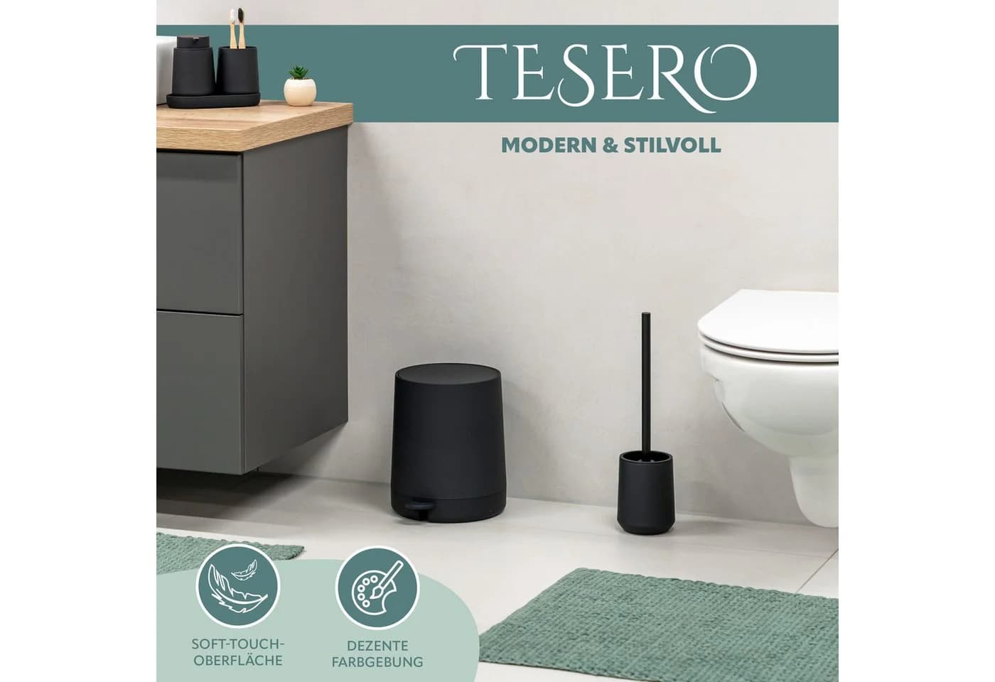eluno WC-Garnitur WC-Bürste inkl. 1x Ersatzbürstenkopf, Kunststoff, Schwarz