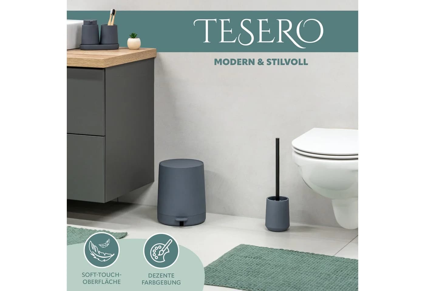eluno WC-Garnitur TESERO Grau mit Soft-Touch und Ersatzbürste