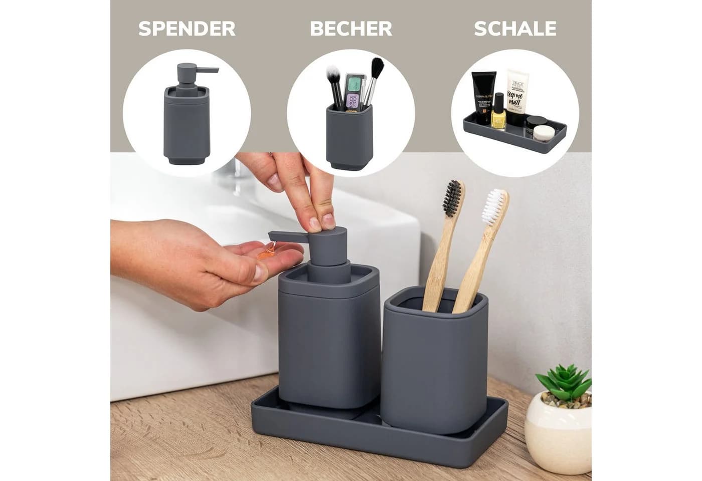 eluno Badaccessoire-Set VALONA 3tlg. Soft-Touch Grau - Bild 3