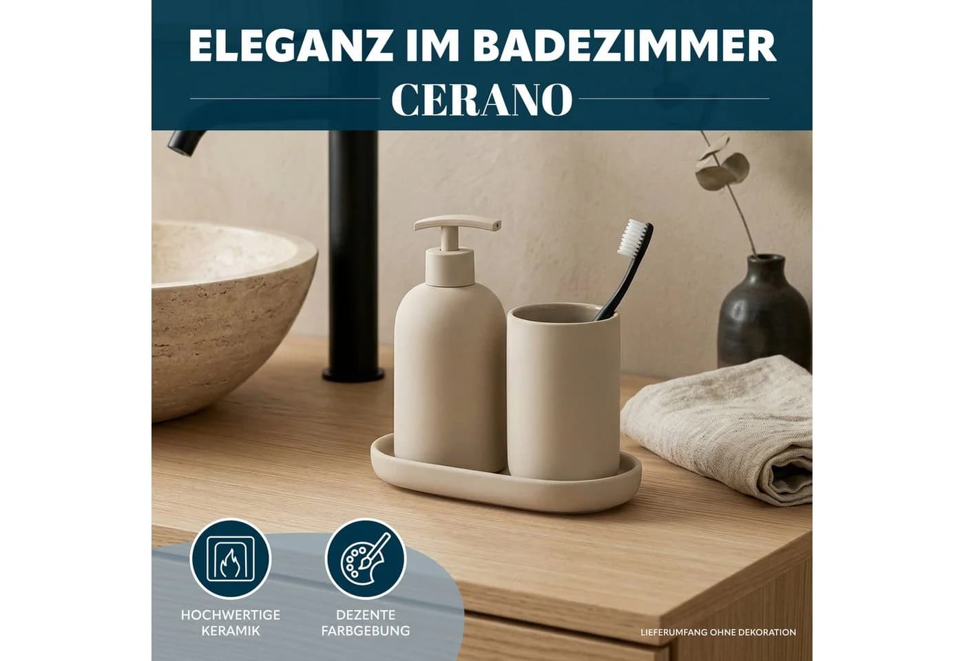 eluno Badaccessoire-Set CERANO 3tlg. Beige Keramik