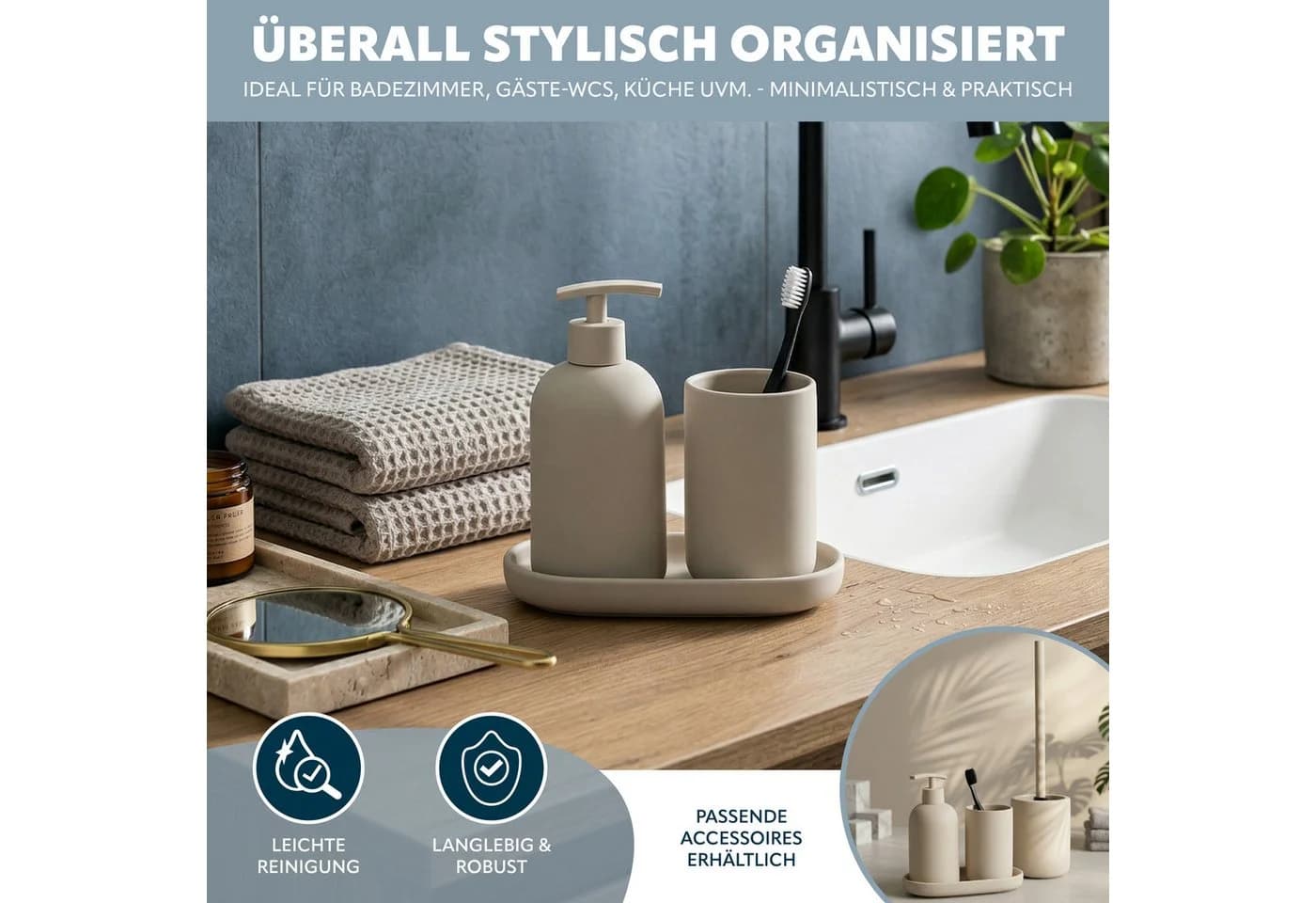 eluno Badaccessoire-Set CERANO 3tlg. Beige Keramik - Bild 3
