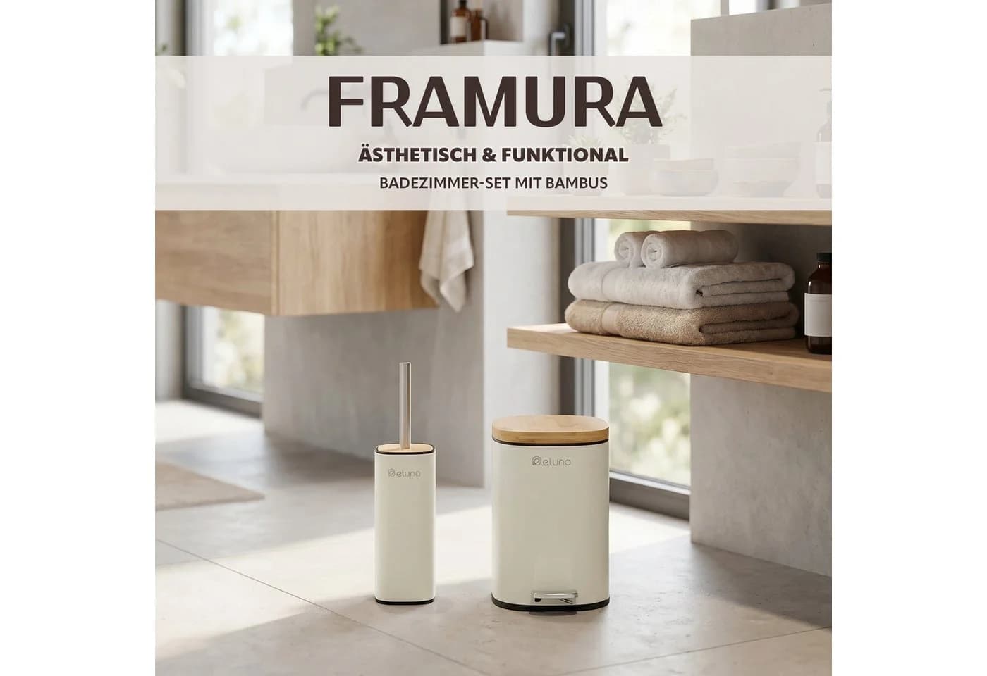 eluno Badaccessoire-Set 2-tlg. Beige/Braun Metall & Bambus