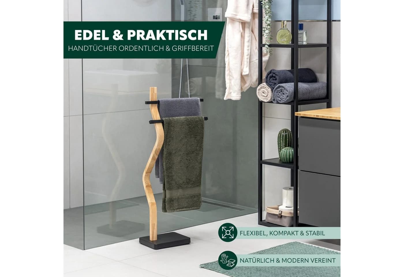 eluno Handtuchhalter freistehend 2 Stangen FSC-Holz Schwarz