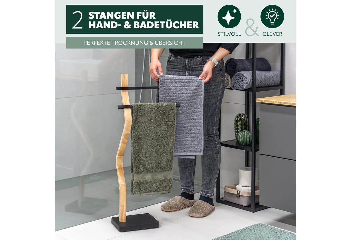 eluno Handtuchhalter freistehend 2 Stangen FSC-Holz Schwarz - Bild 3