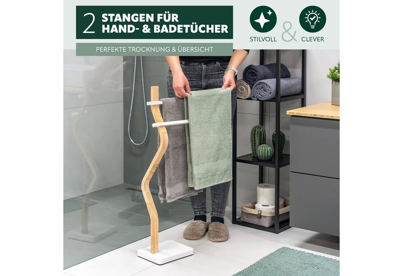 eluno Handtuchhalter freistehend 2 Stangen FSC-Holz weiß - Bild 3