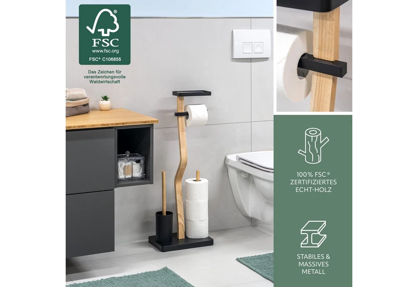 eluno freistehende WC-Garnitur 4in1 Schwarz FSC-Holz - Bild 4