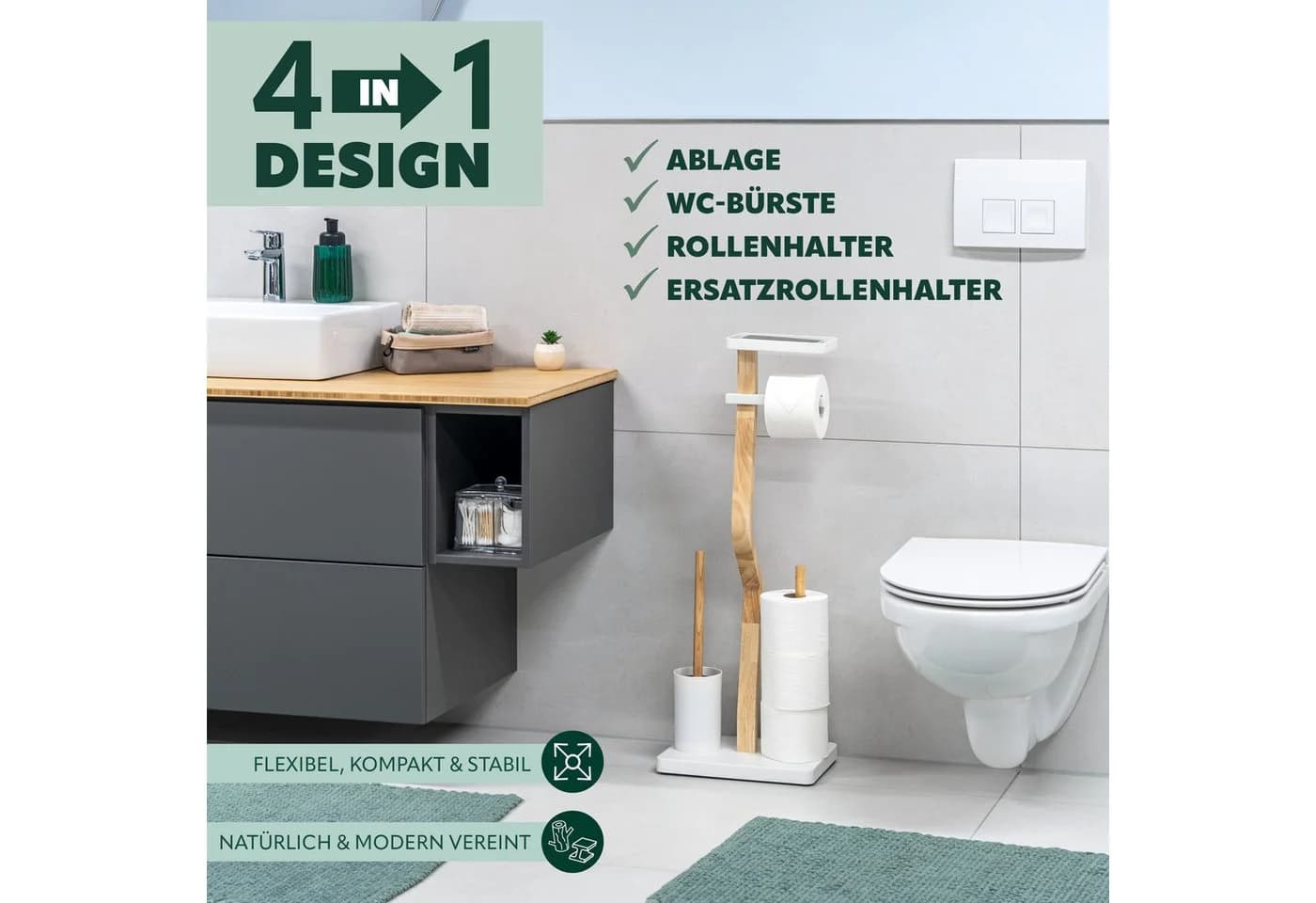 eluno WC-Garnitur freistehend 4in1 Weiß Holz Metall