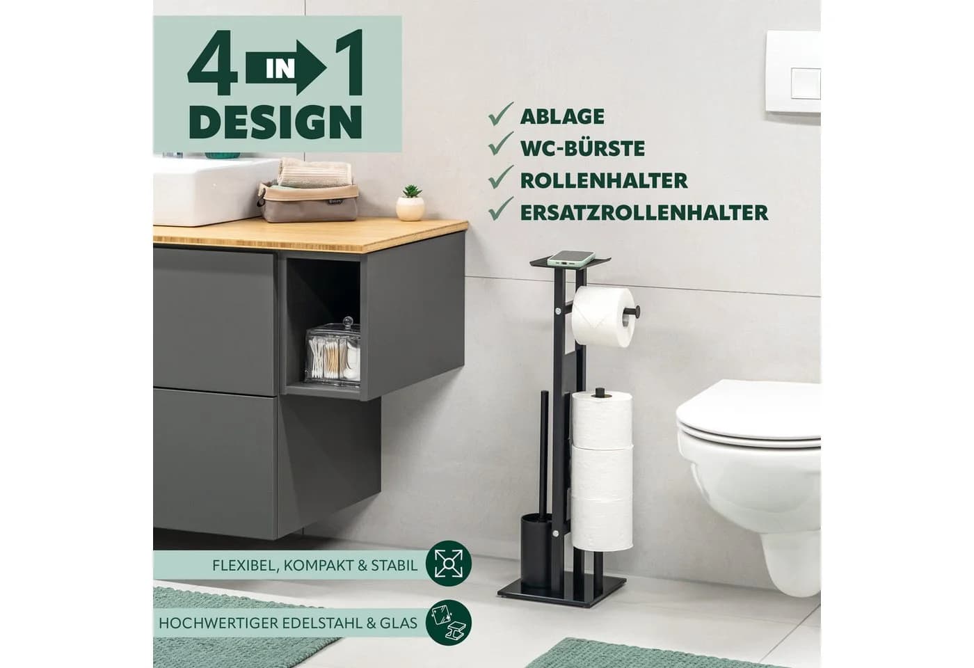 eluno WC-Garnitur freistehend 4in1 Edelstahl Schwarz