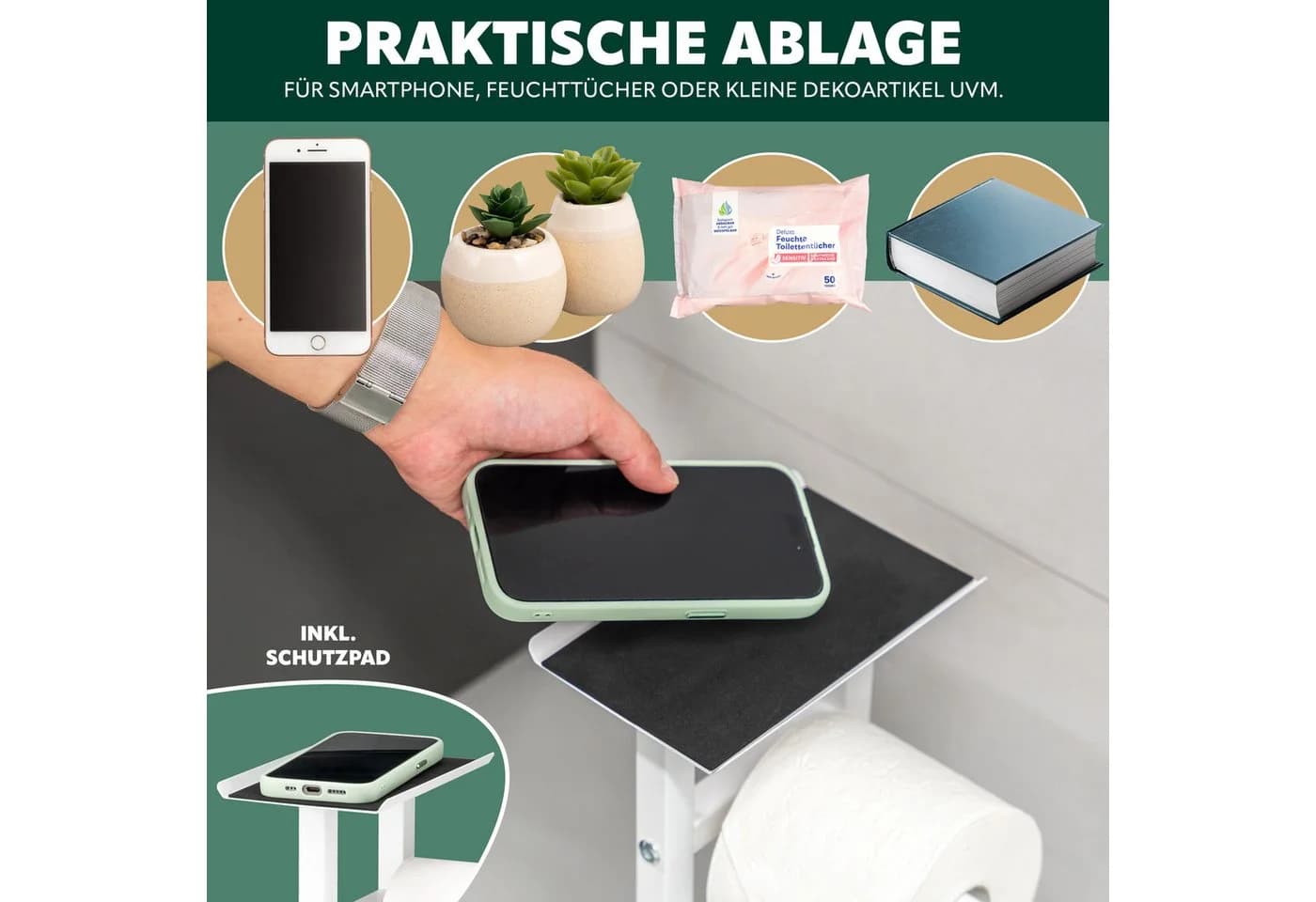 eluno WC-Garnitur freistehend Edelstahl Glas 4in1 Weiß - Bild 3
