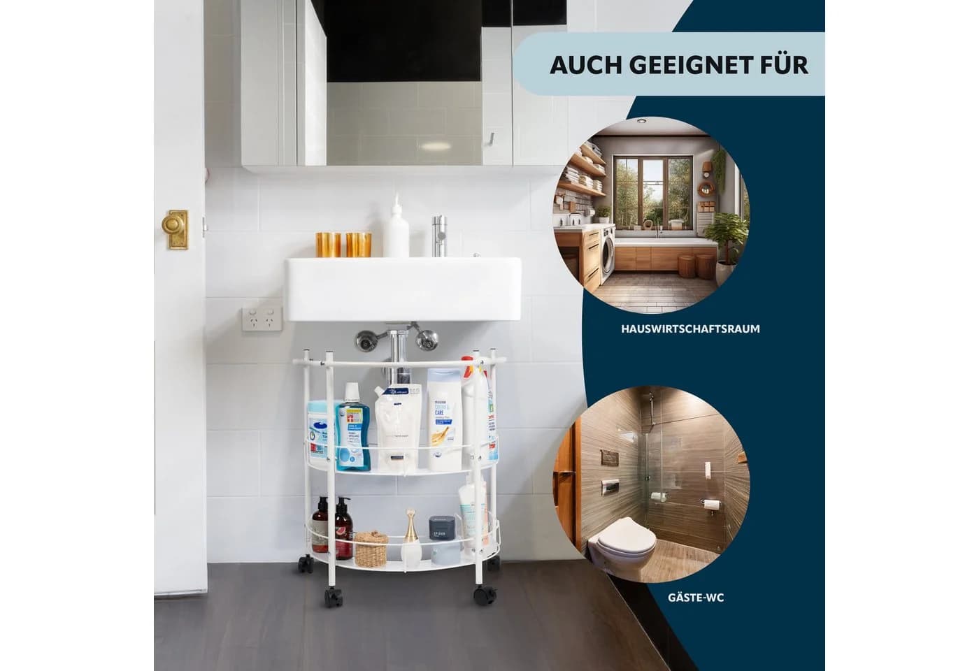 eluno Waschbeckenunterschrank Weiß Metall mit Rollen - Bild 3