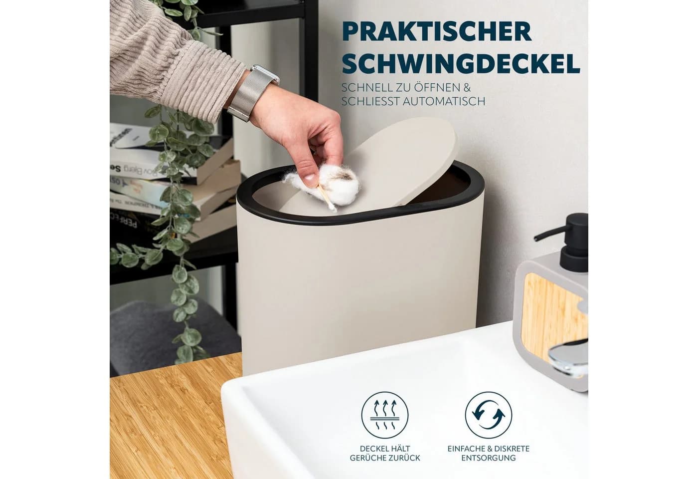 eluno Kosmetikeimer oval mit Schwingdeckel, 6 Liter, beige - Bild 4