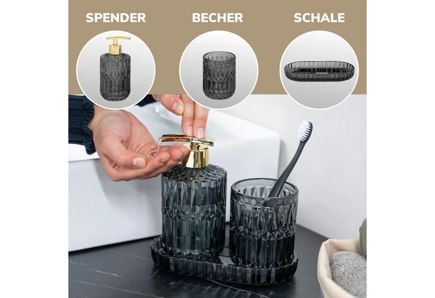 eluno Badaccessoire-Set BURANO 3tlg. Schwarz Gold Glas - Bild 5