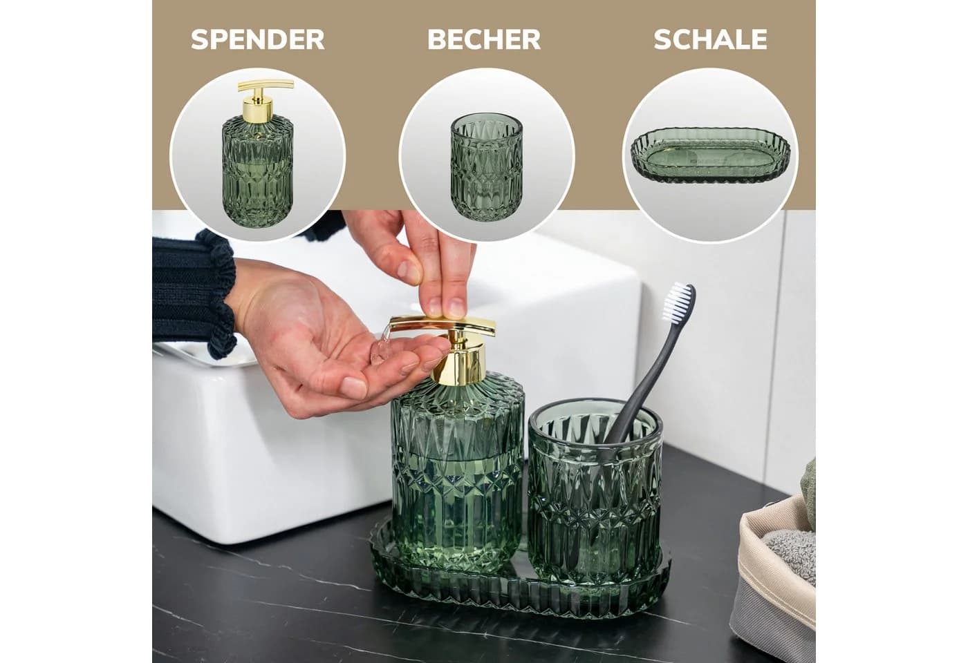 eluno Badaccessoire-Set BURANO 3tlg. Glas Grün Gold - Bild 5