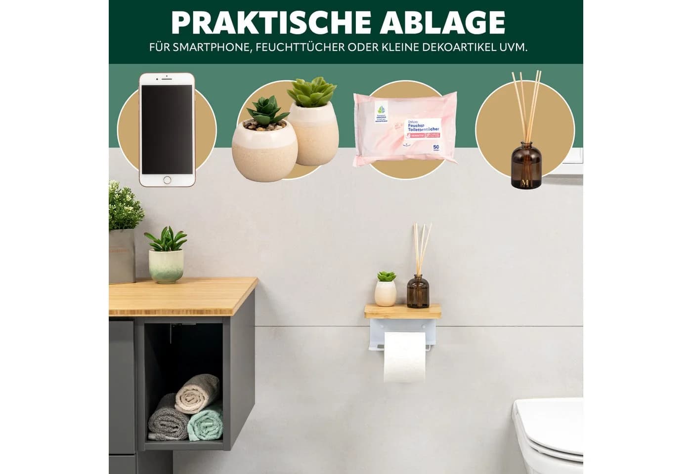 eluno Toilettenpapierhalter VARAZ mit Ablage Weiß Metall Bambus