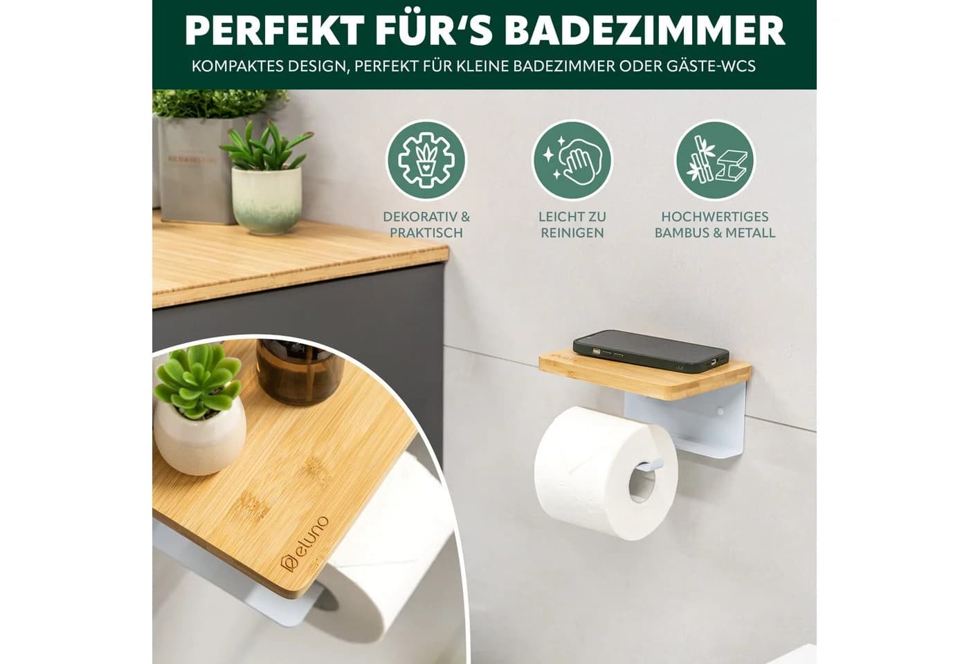 eluno Toilettenpapierhalter VARAZ mit Ablage Weiß Metall Bambus - Bild 3