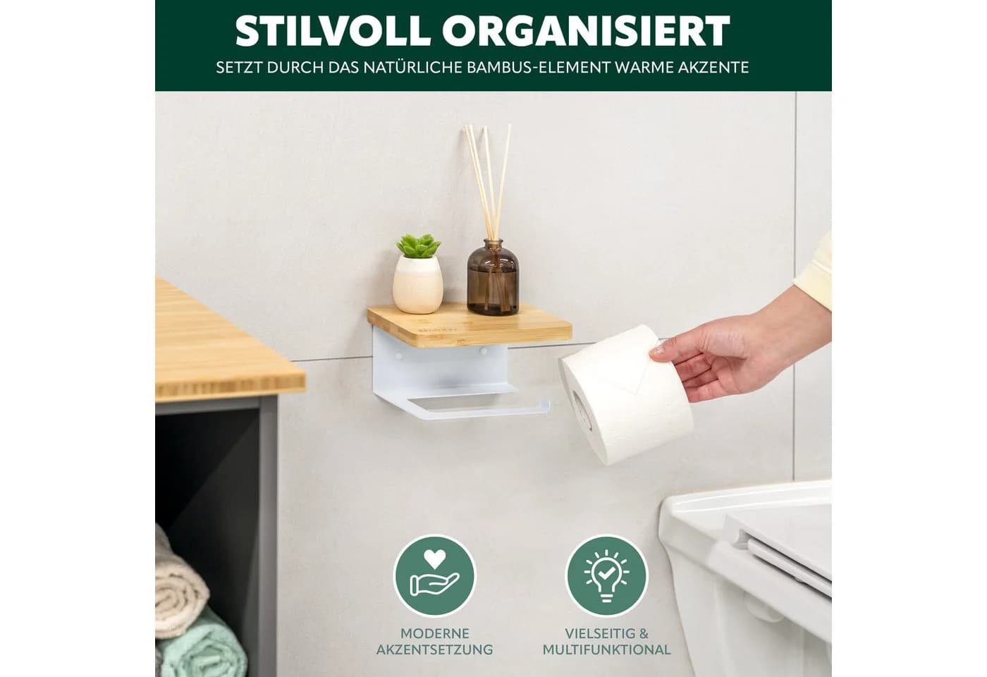 eluno Toilettenpapierhalter VARAZ mit Ablage Weiß Metall Bambus - Bild 5