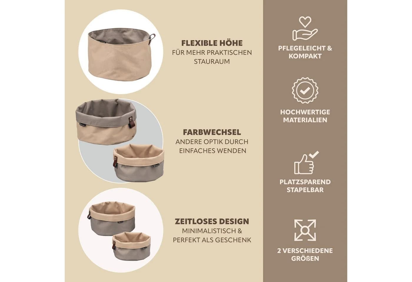 eluno Brotkorb NOVARA 2er Set Rund Beige Braun Kunstlederlasche - Bild 3