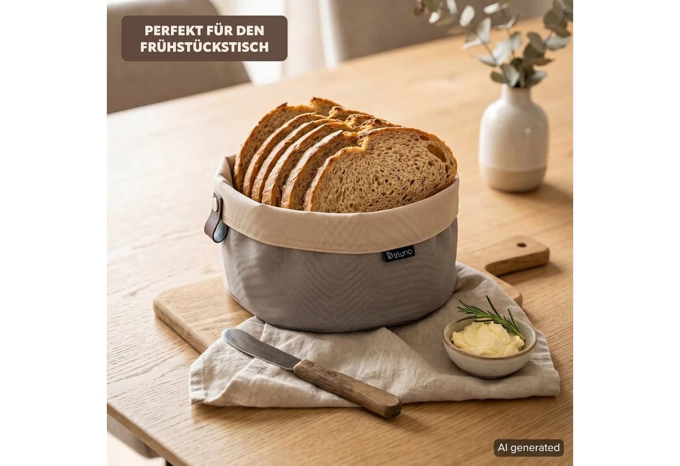 eluno Brotkorb NOVARA 2er Set Rund Beige Braun Kunstlederlasche - Bild 4