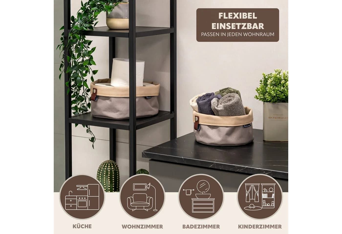 eluno Brotkorb NOVARA 2er Set Rund Beige Braun Kunstlederlasche - Bild 5