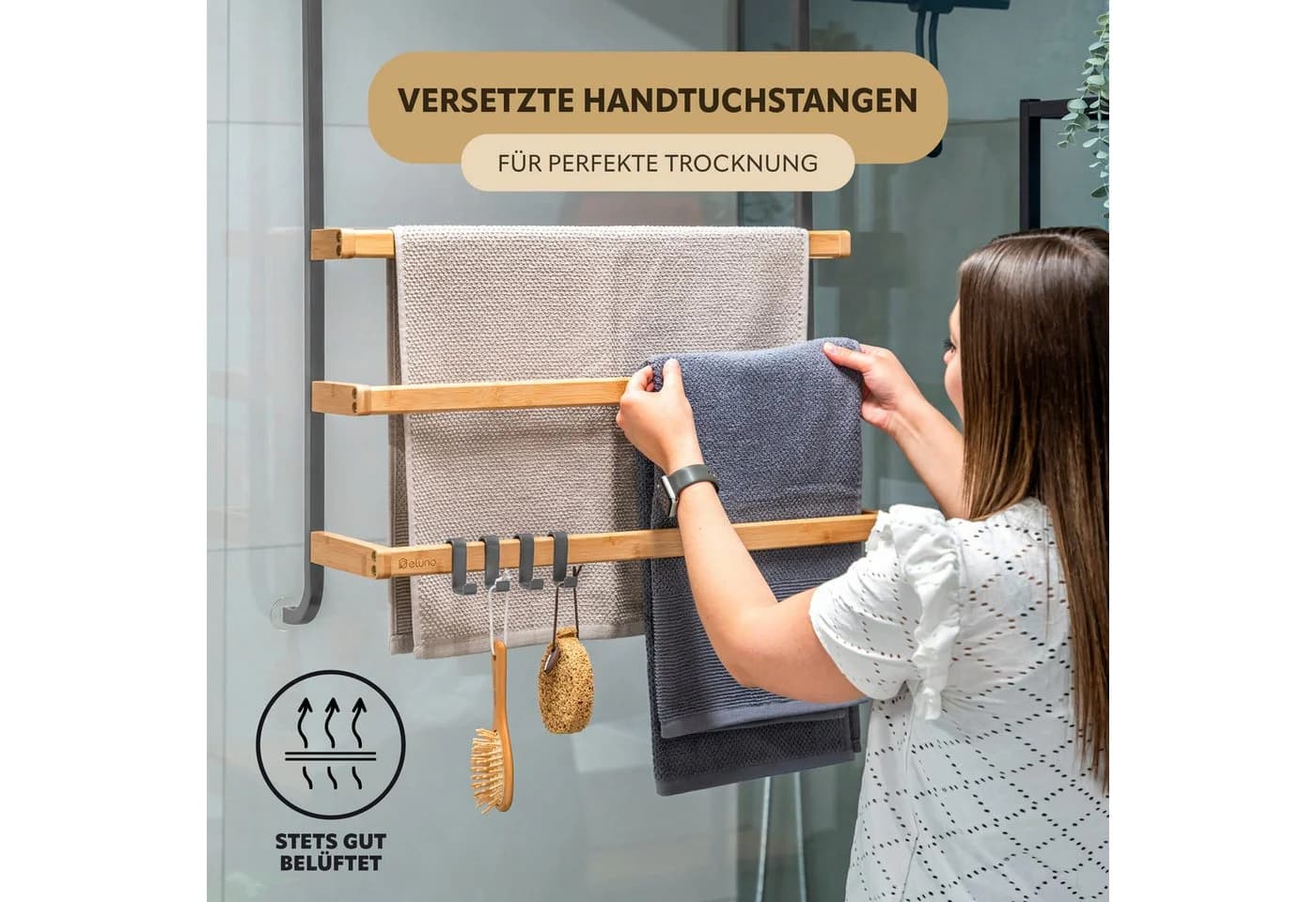 eluno Hängeregal Handtuchhalter Grau Metall Bambus - Bild 3
