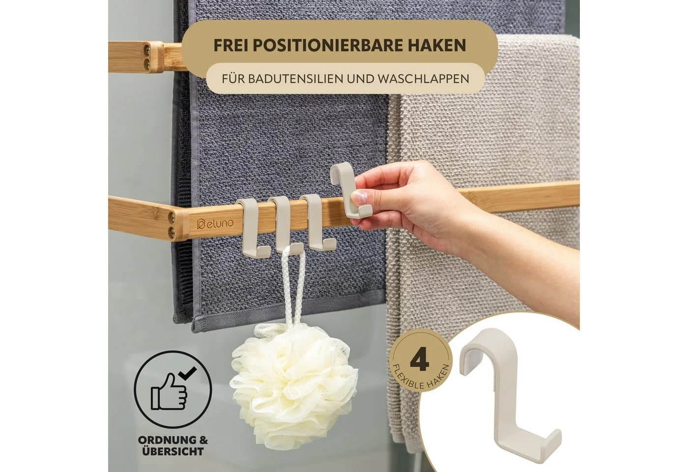 eluno Hängeregal Handtuchhalter für Glasduschwand Beige Metall Bambus - Bild 4