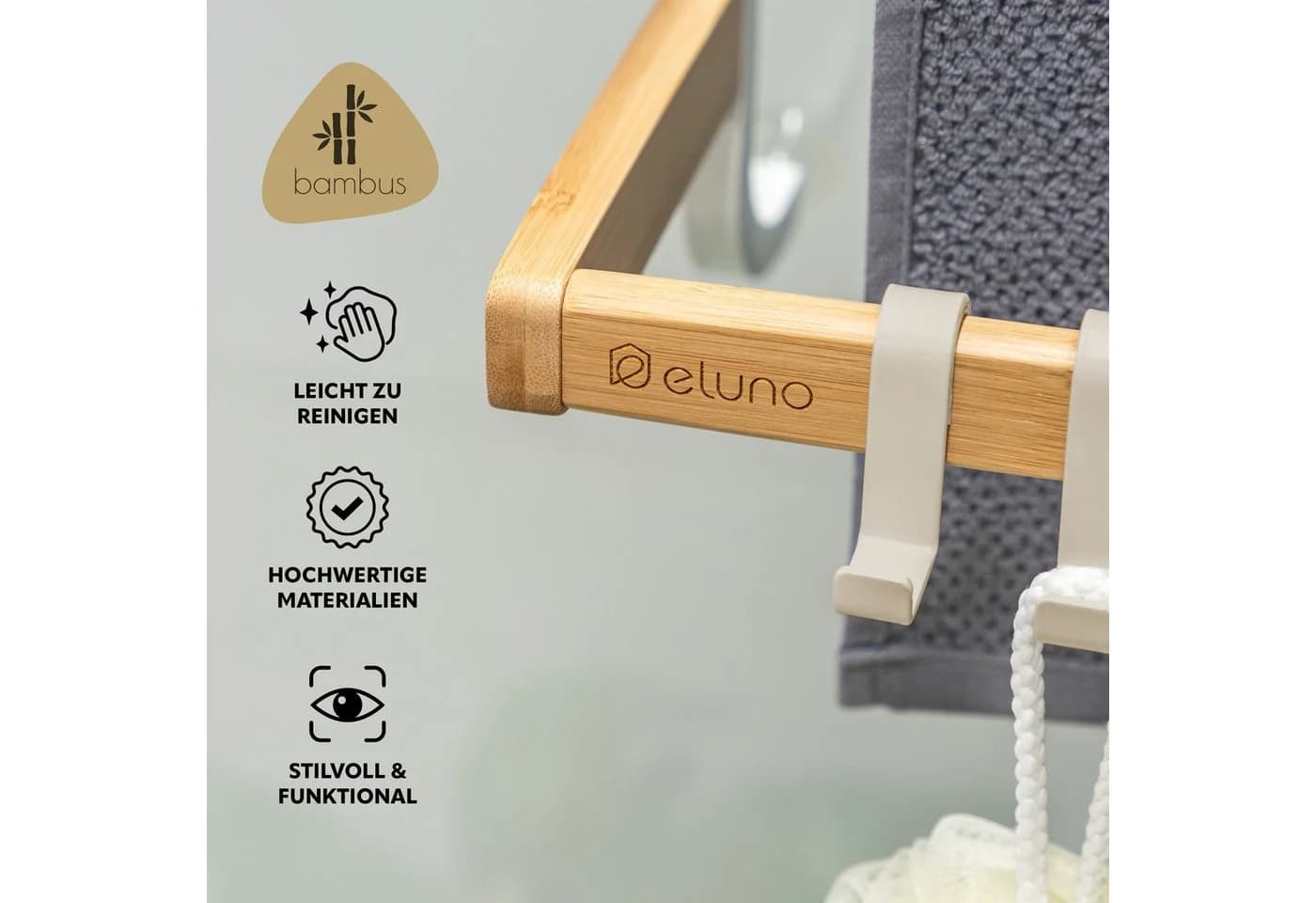 eluno Hängeregal Handtuchhalter für Glasduschwand Beige Metall Bambus - Bild 5