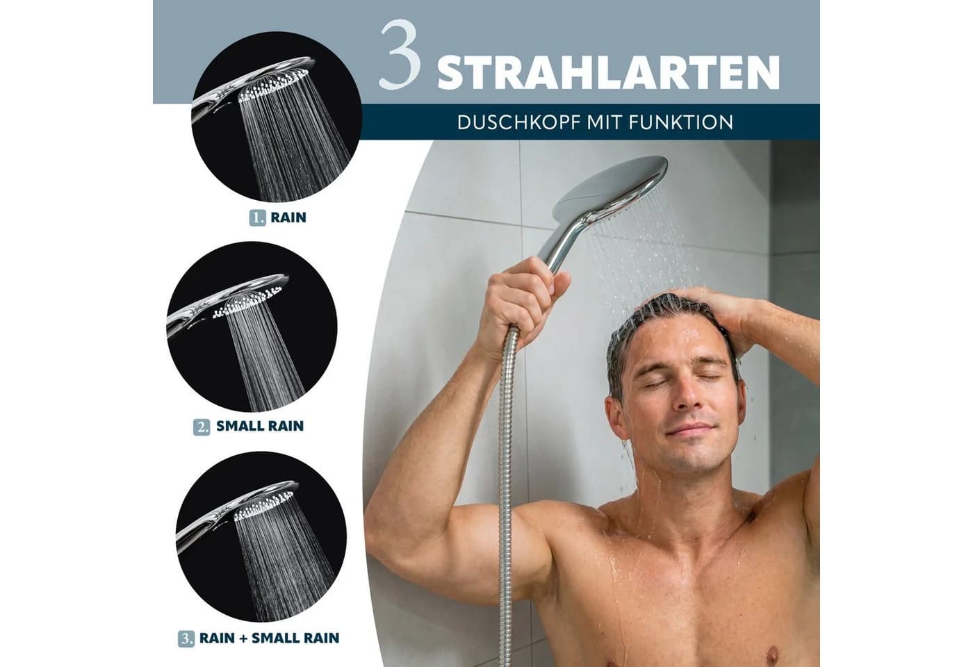 eluno Handbrause-Set mit 3 Strahlarten & Edelstahl-Schlauch Schwarz