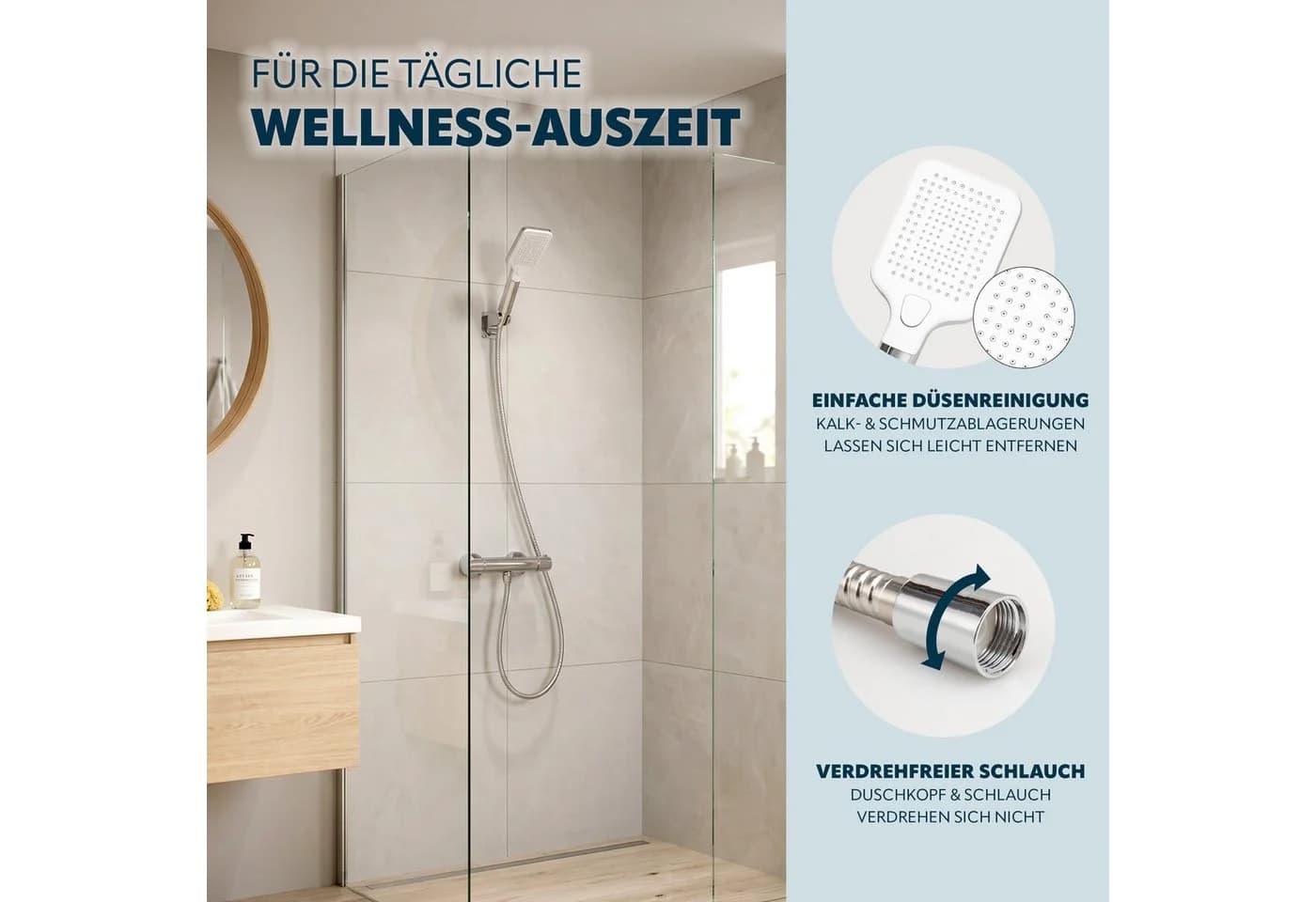 eluno Handbrause 3-tlg. mit Brauseschlauch & Klebehalterung - Bild 5
