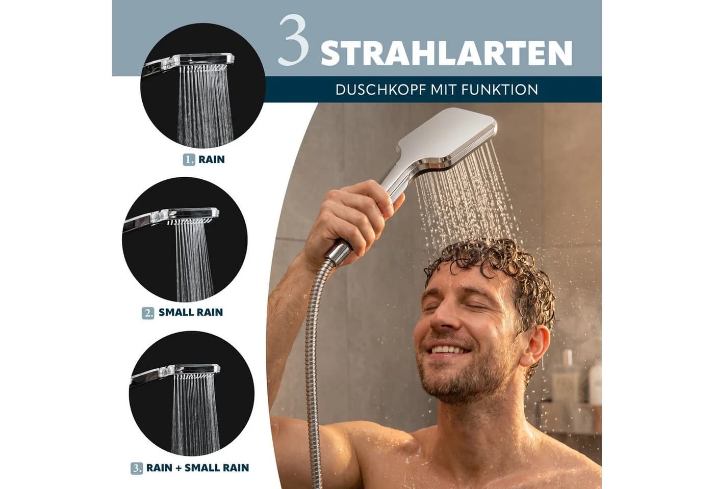 eluno Handbrause 3-tlg. inkl. Brauseschlauch und Wandhalterung Schwarz