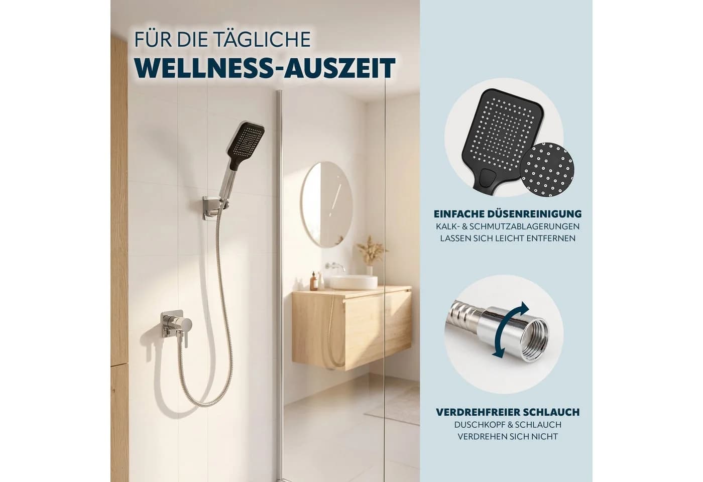 eluno Handbrause 3-tlg. inkl. Brauseschlauch und Wandhalterung Schwarz - Bild 5