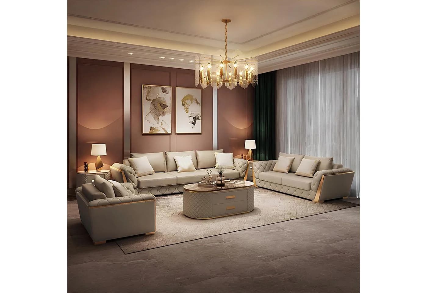 Xlmoebel Ledersofa 3-tlg. Polstergarnitur Beige - Bild 2