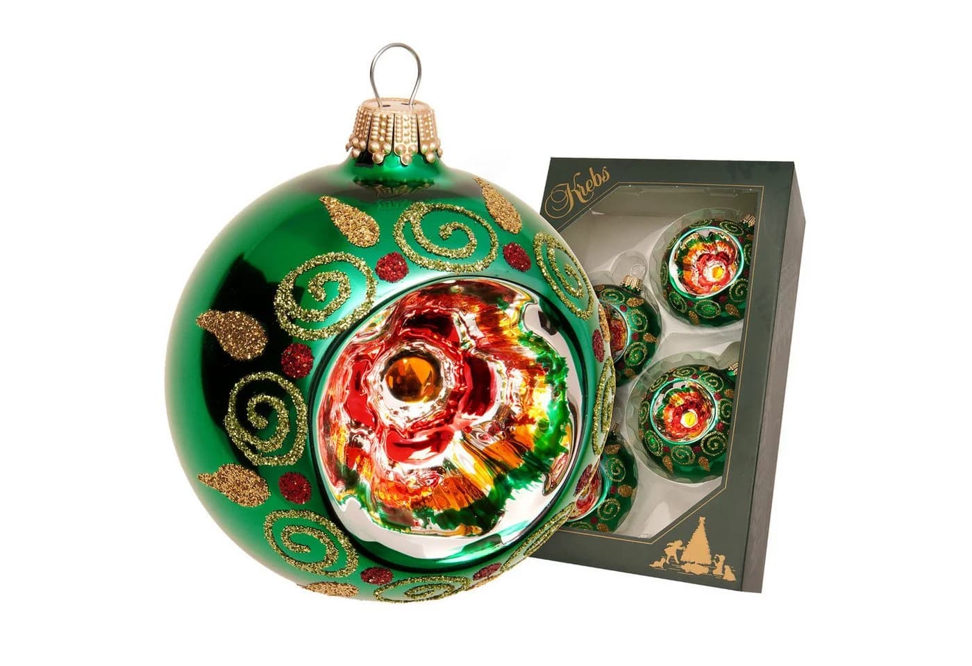Krebs Glas Lauscha Weihnachtsbaumkugel Reflex Eva Wirbeldekor Grün 7cm (4 St)