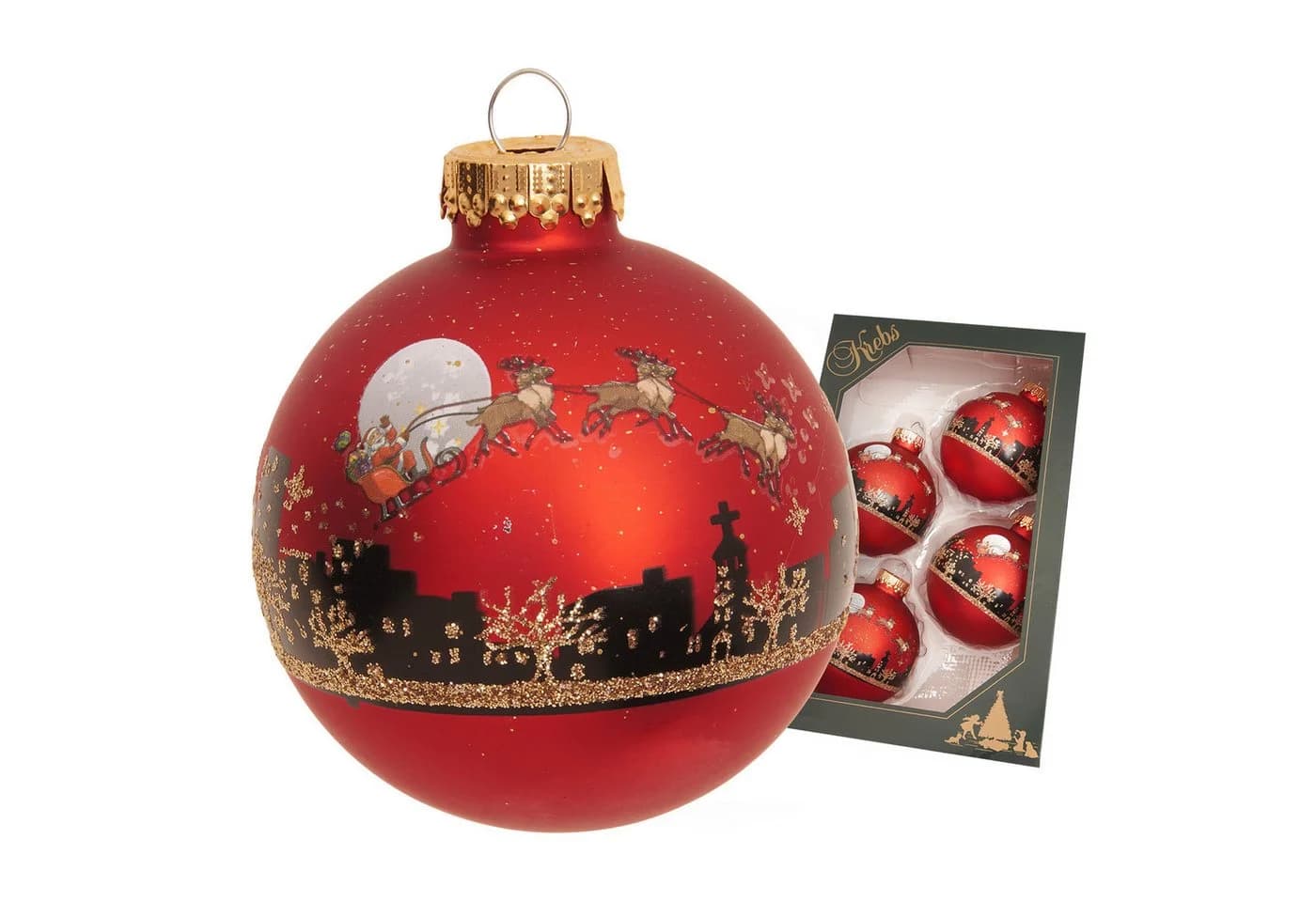 Krebs Glas Lauscha Weihnachtsbaumkugel 4er Set - Santa mit Rentieren in Rot - aus Glas - ca. 7 cm