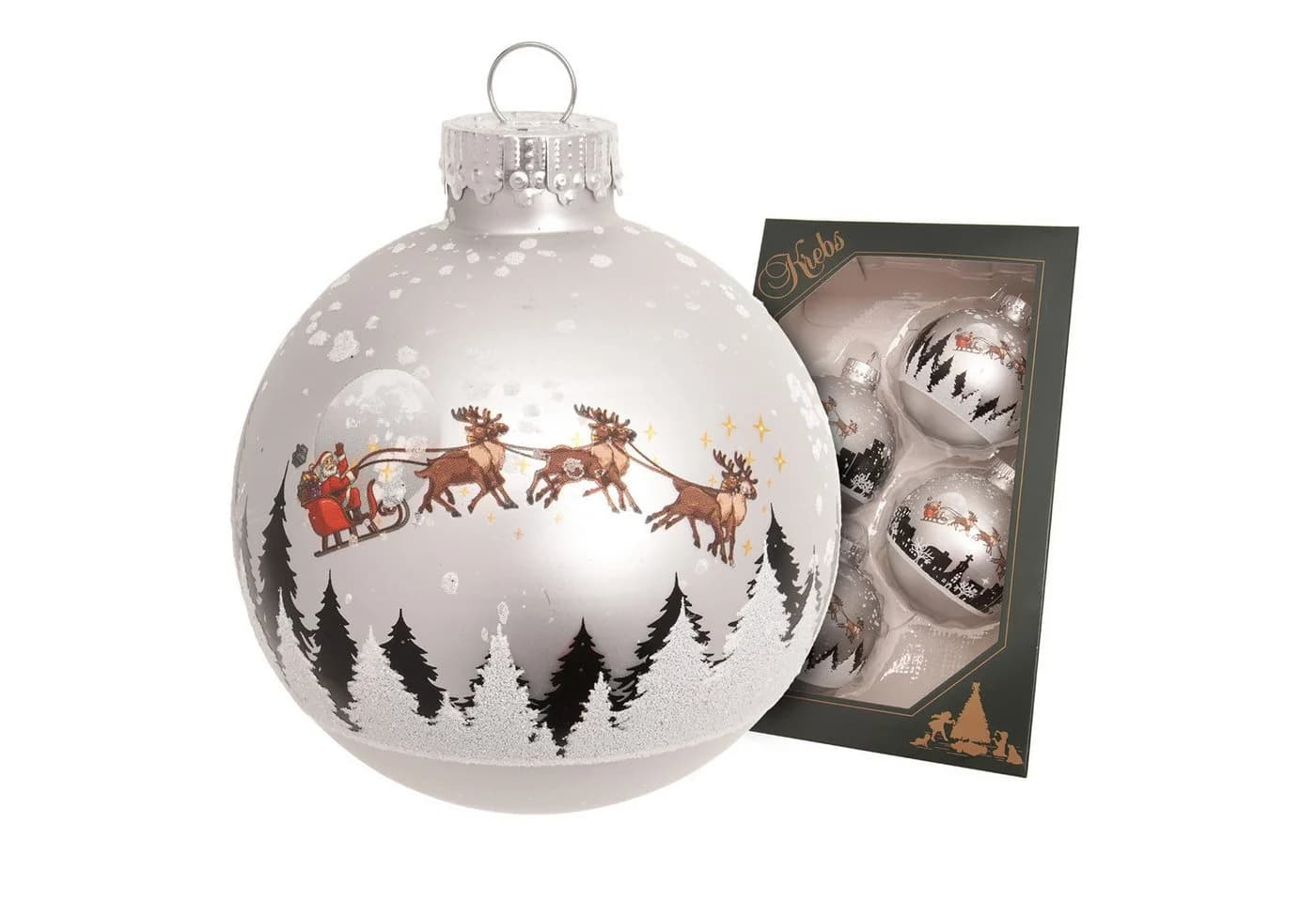 Krebs Glas Lauscha Weihnachtsbaumkugel 4er Set - Santa mit Rentieren in Silber - aus Glas - ca. 7 cm