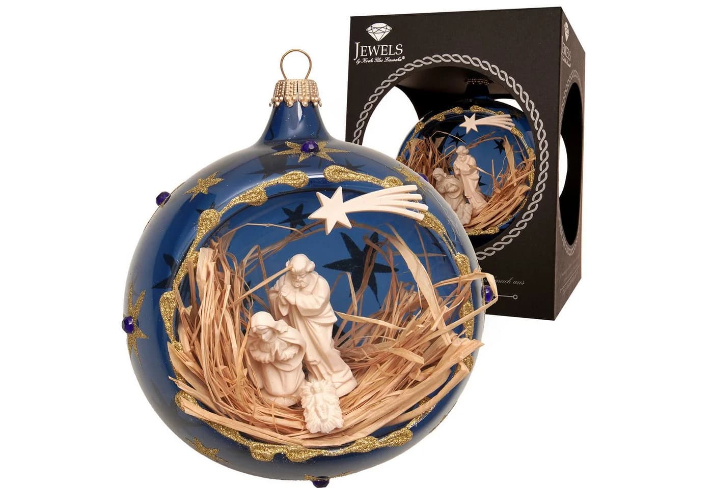 Krebs Glas Lauscha Weihnachtsbaumkugel Krippenszene Blau 10cm
